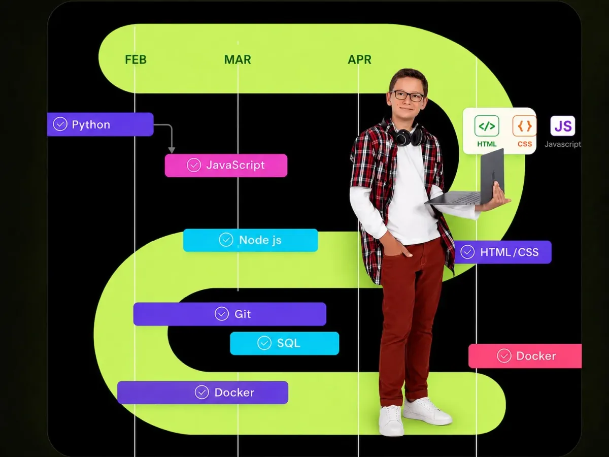 Хлопчик з ноутбуком на фоні роадмапу навчання: Python, JavaScript, Node.js, Git, SQL, Docker